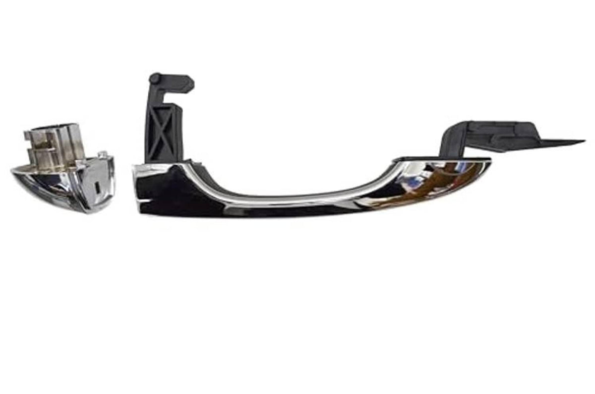 Automotive exterior door handle chrome cover with black interior bracket and mounting tab