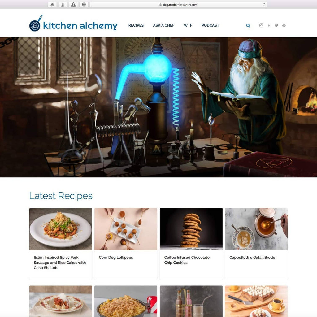 Kitchen Alchemy blog homepage screenshot with recipe tiles and menu header.