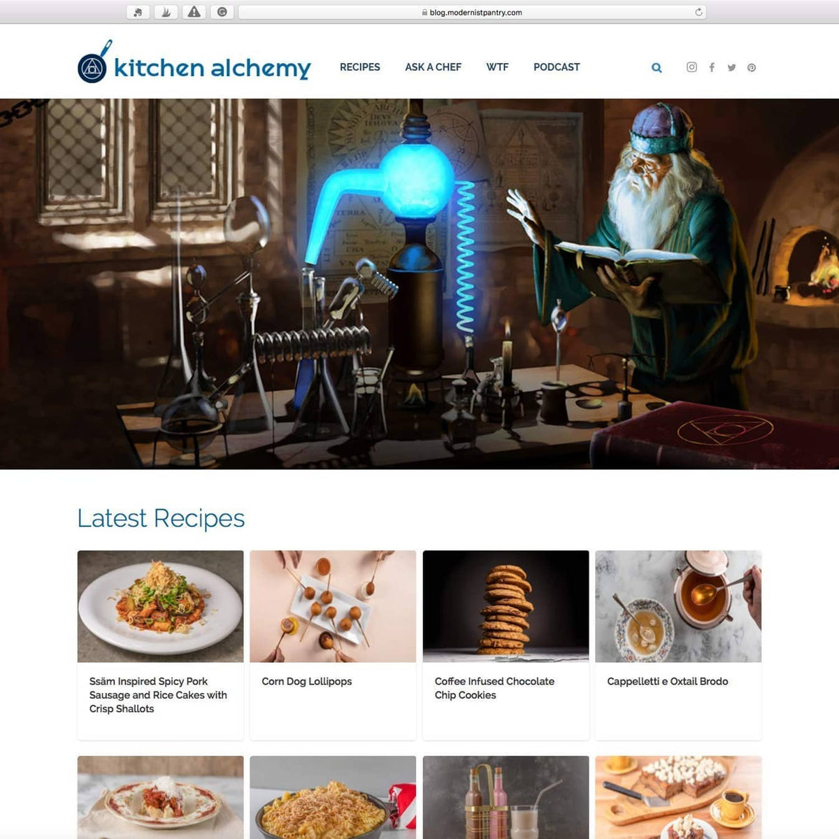 Kitchen Alchemy blog homepage screenshot with recipe tiles and menu header.