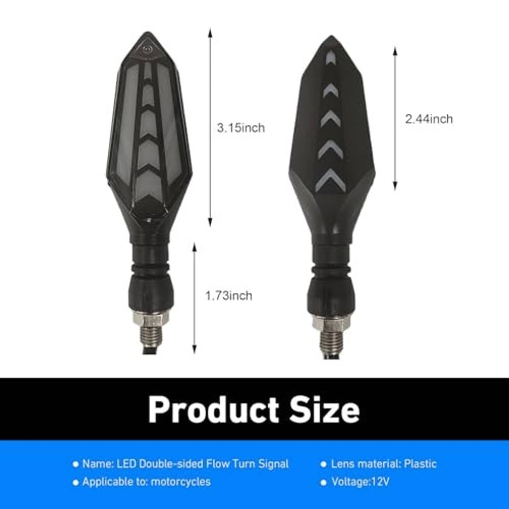 Arrow-shaped LED turn indicator lights, black housings shown with front/back size outlines