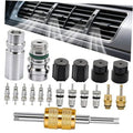 Car A/C valve core kit with metal valve cores, black caps, brass adapters, and removal tool