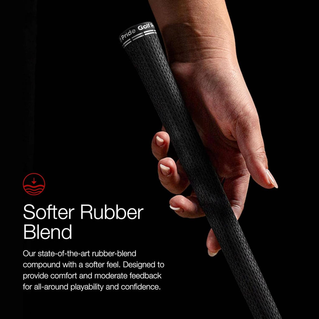 Black textured golf grip with comfort handle, held by a hand