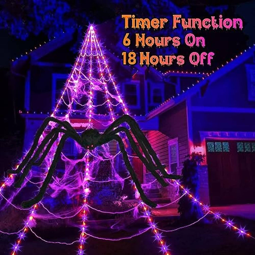 Cone-shaped spider web string lights with layered strands and bright purple LED glow