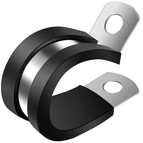 Set of stainless steel cable clamps with black rubber cushion and round mounting holes