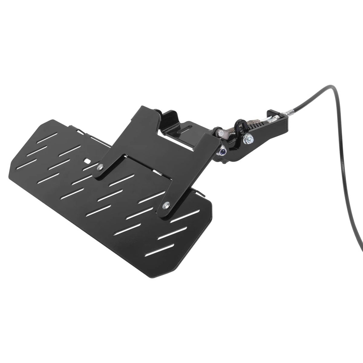 Black chute blocker assembly with pivot bracket and angled deflector plate