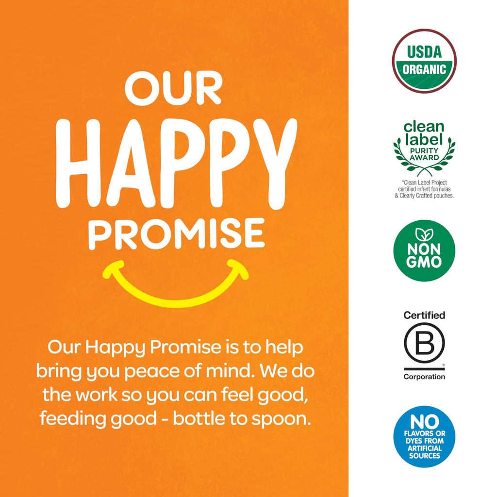 Happy Promise product panel on organic teether packaging with USDA and non-GMO badges