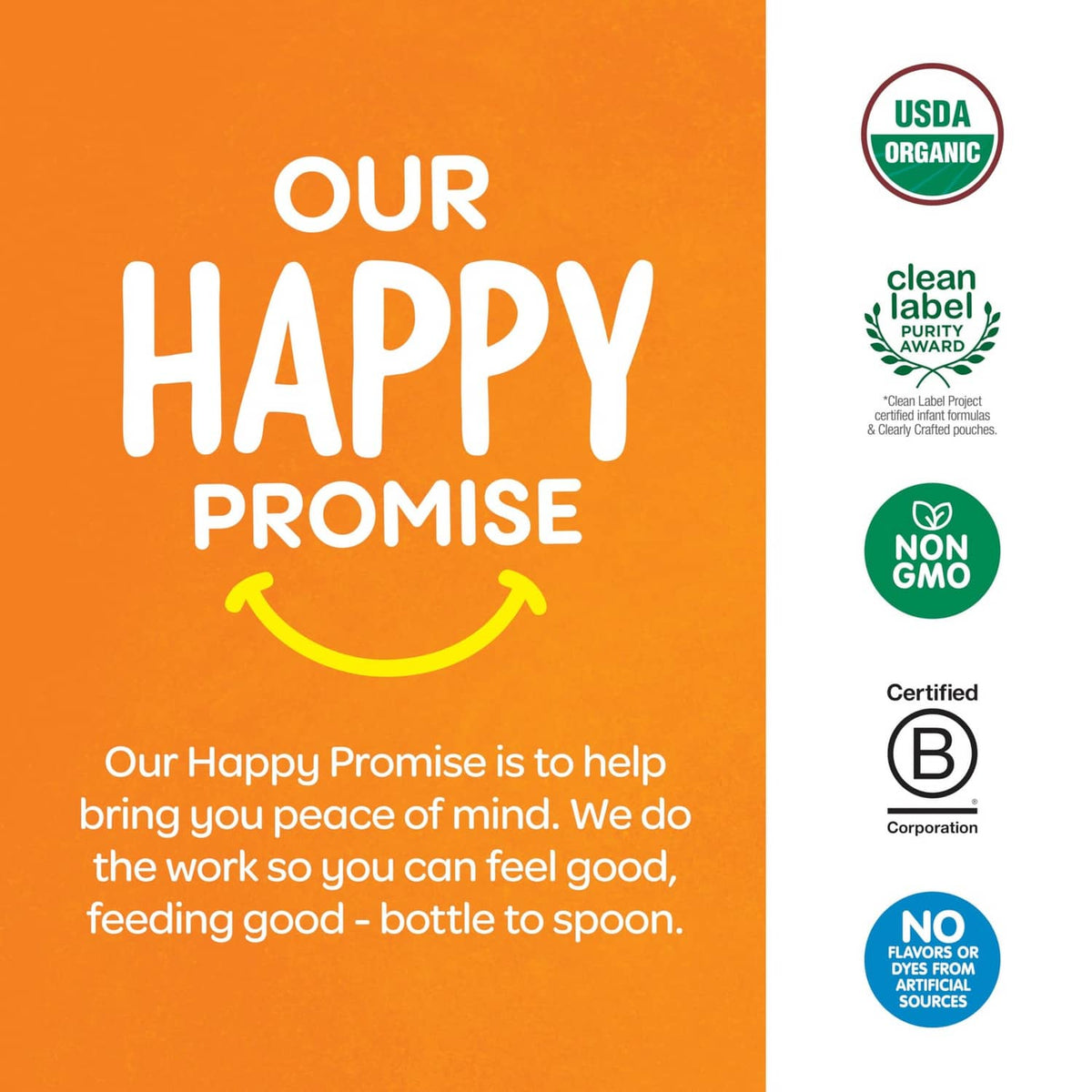 Happy Promise product panel on organic teether packaging with USDA and non-GMO badges
