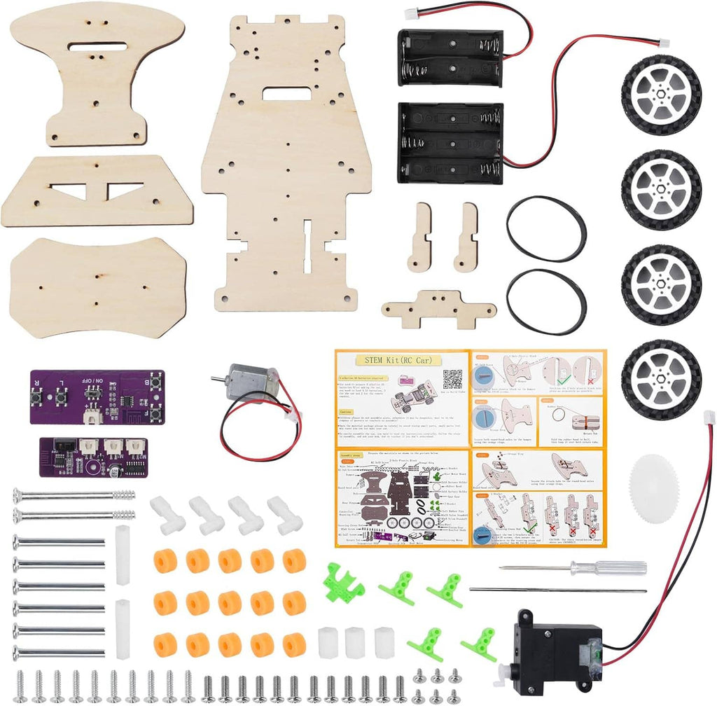 Wooden racing car STEM kit parts set with boards, wheels, and cables