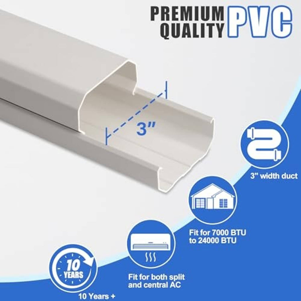 White PVC 3-inch mini split line cover duct channel with end tabs