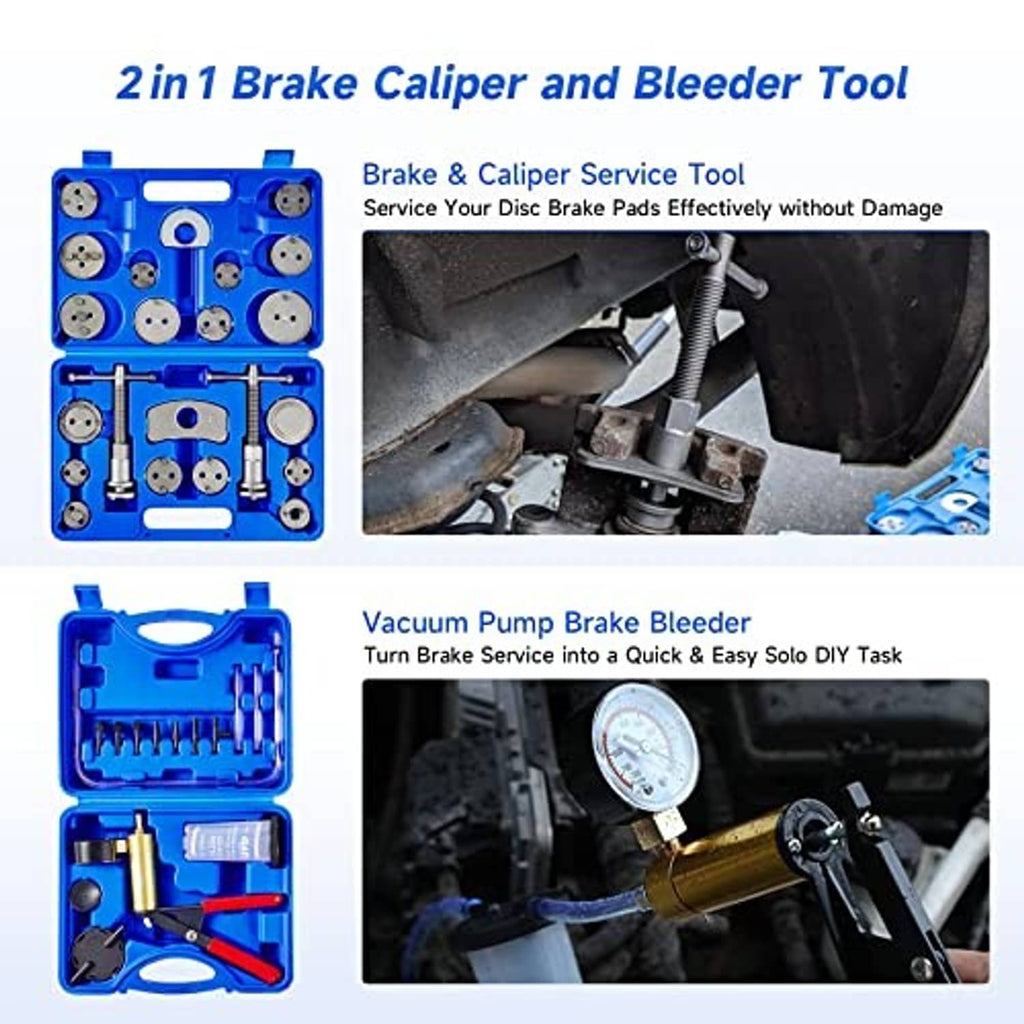 Blue 2-in-1 brake caliper service and bleeder tool kit with pump and hose