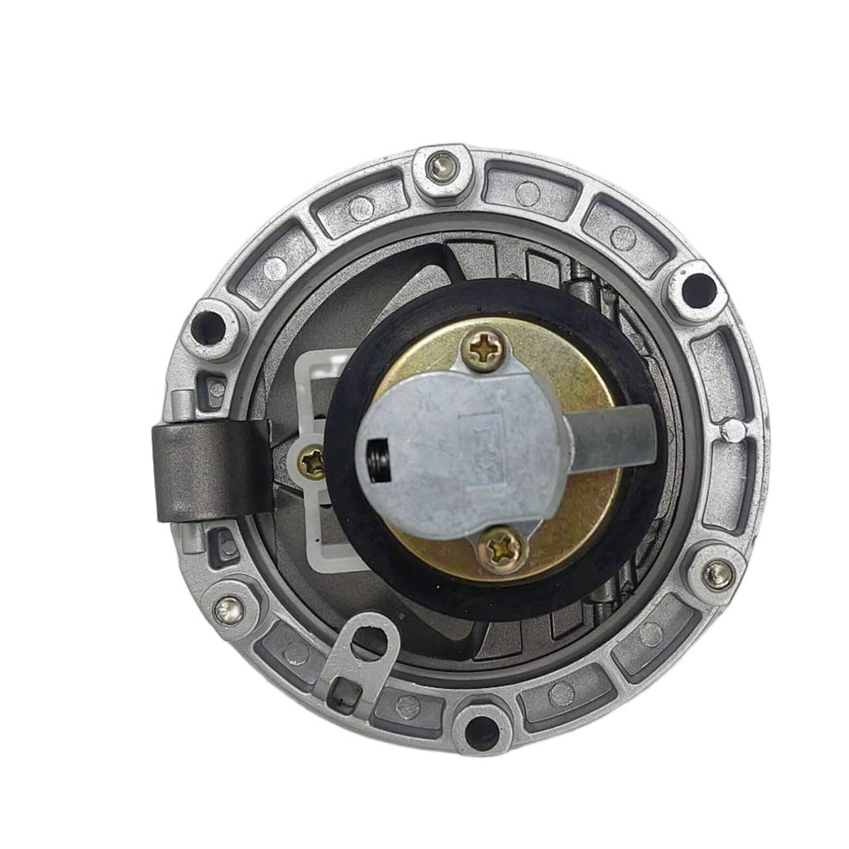 Gas cap lock mechanism with metal housing and circular mounting screws