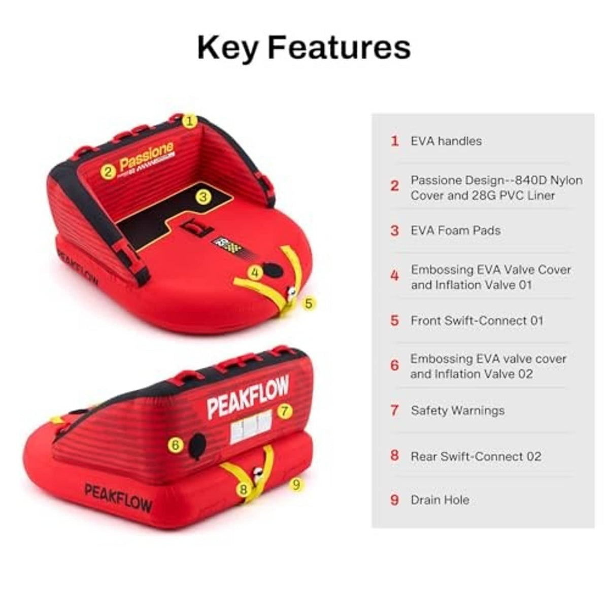 Red towable boat tube with black straps, yellow tie, and numbered feature callouts