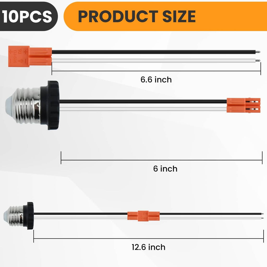 E26 socket adapter wiring with orange connector, black holder, and wire lengths shown