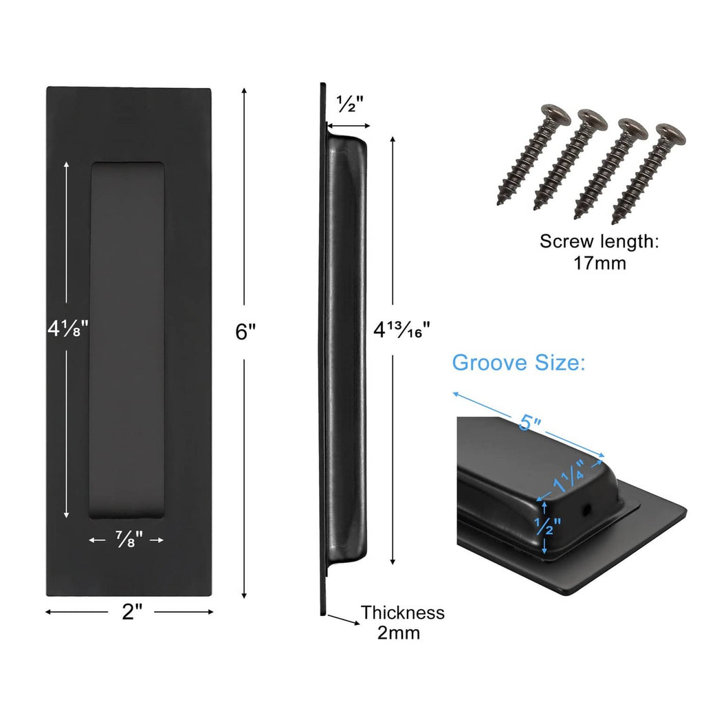 Black recessed finger flush pull handle with dimensions and included mounting screws