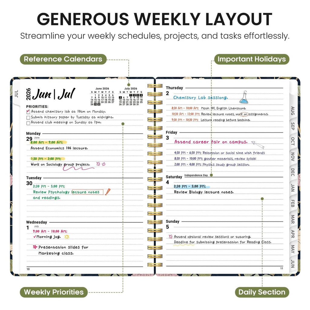 Weekly layout planner page with generous blocks for schedules, priorities, and notes