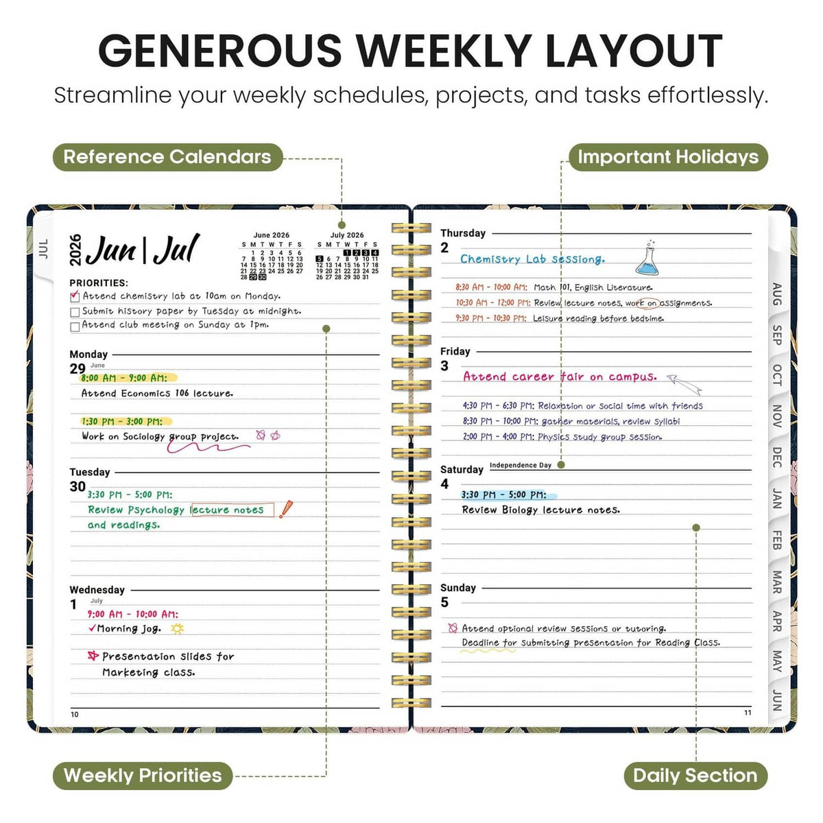 Weekly layout planner page with generous blocks for schedules, priorities, and notes