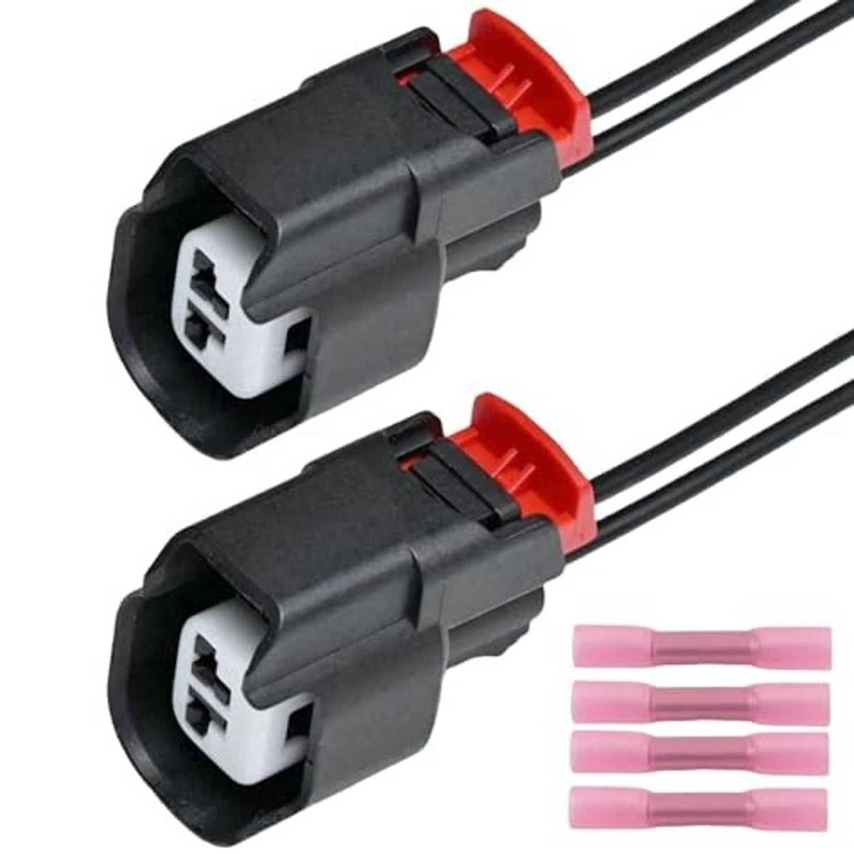 ABS wheel speed sensor connector pigtails, black housings with red tabs, two-pin ports and leads