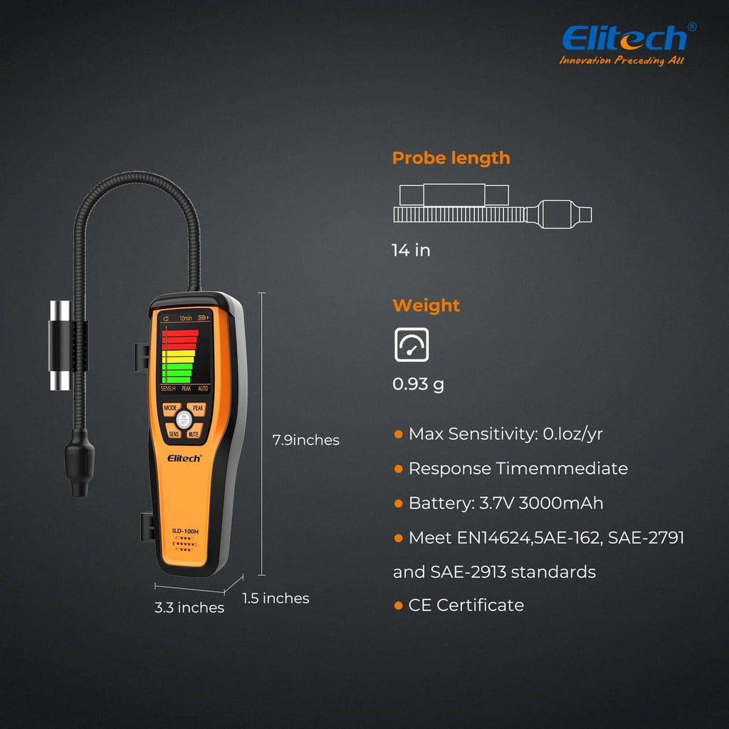 Compact handheld leak detector with flexible probe; size and sensitivity indicators