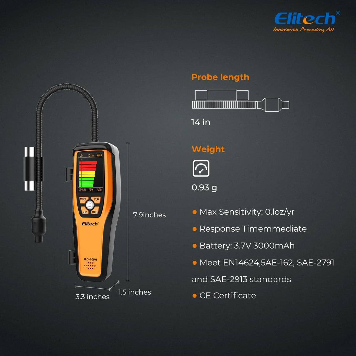 Compact handheld leak detector with flexible probe; size and sensitivity indicators