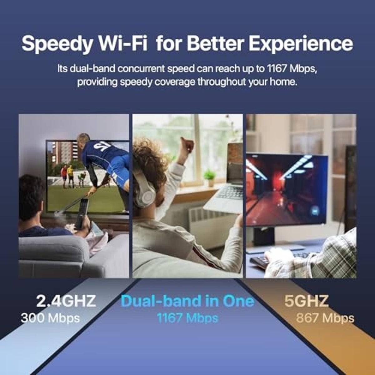 Dual-band Wi-Fi router marketing graphic with home coverage theme