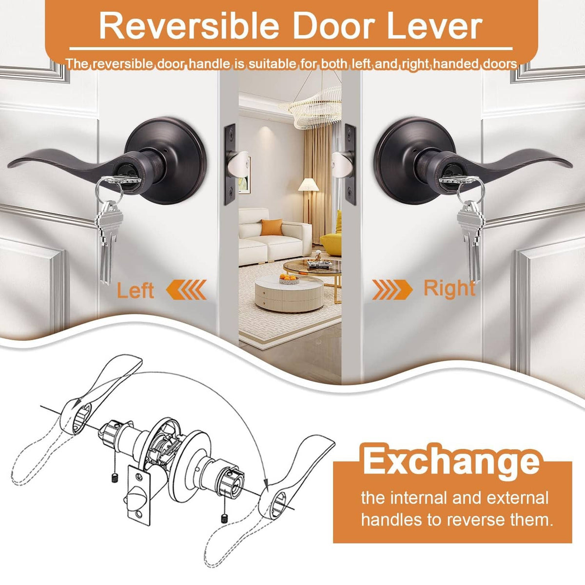 Reversible keyed door lever handle on a dark lockset with oil-rubbed bronze cylinder