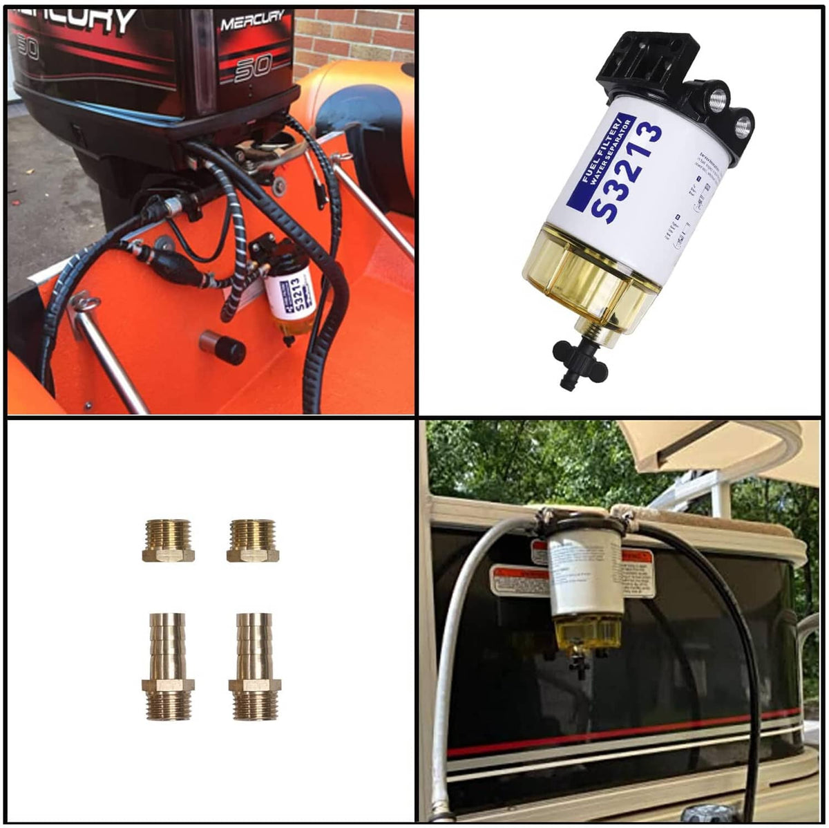 Fuel water separator filter with white canister, gold bowl, and black drain knob