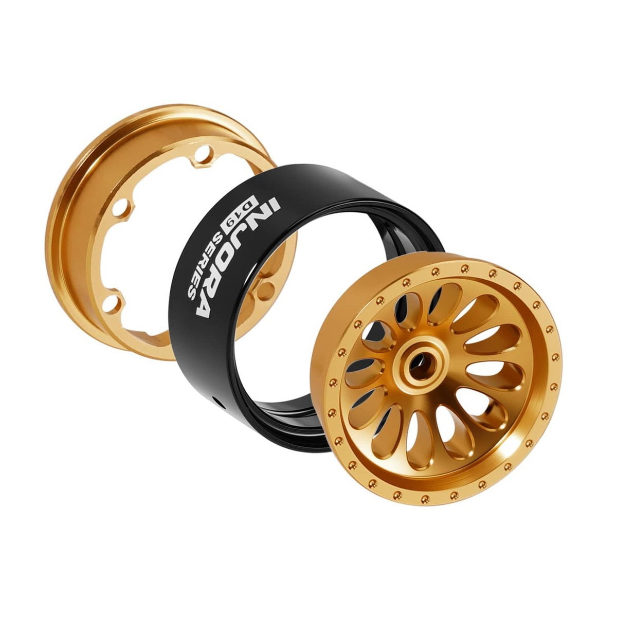 Pair of gold and black beadlock wheels with circular spoke cutouts and hub bolts