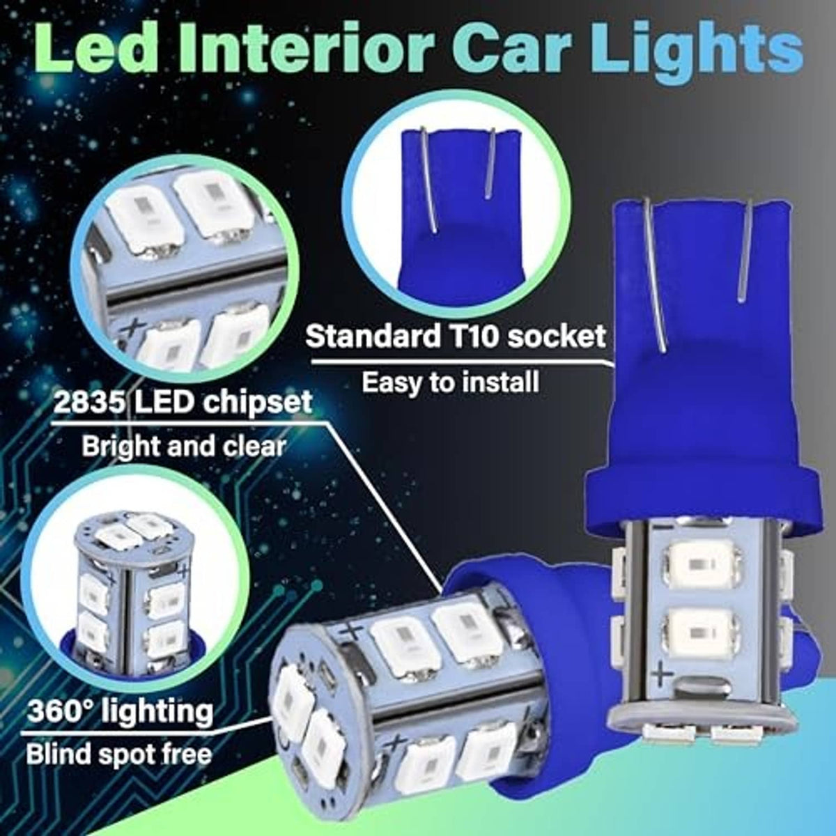 Blue LED dome light bulb showing standard T10 socket base and multi-chip white LED panel