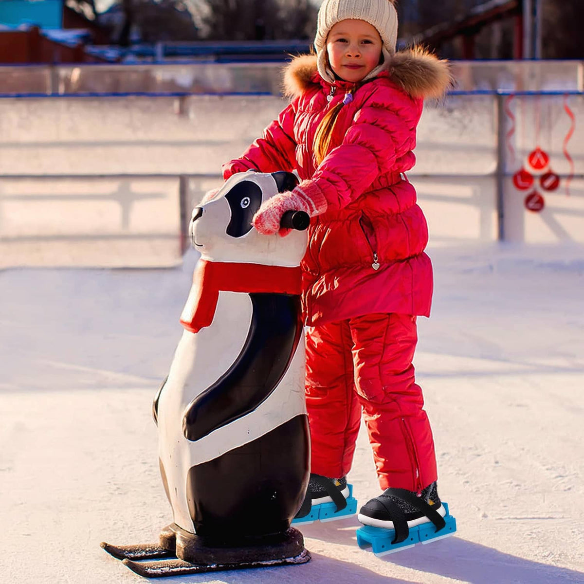 Toddler wearing blue ice skates with black straps and dual blades