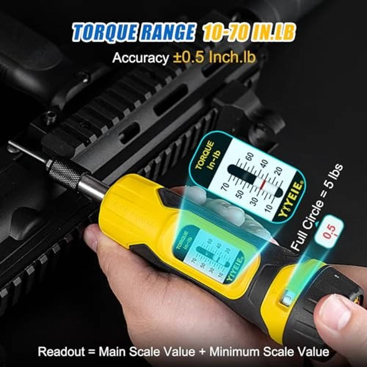 Handheld torque screwdriver with yellow/black body and visible inch-pound torque scale