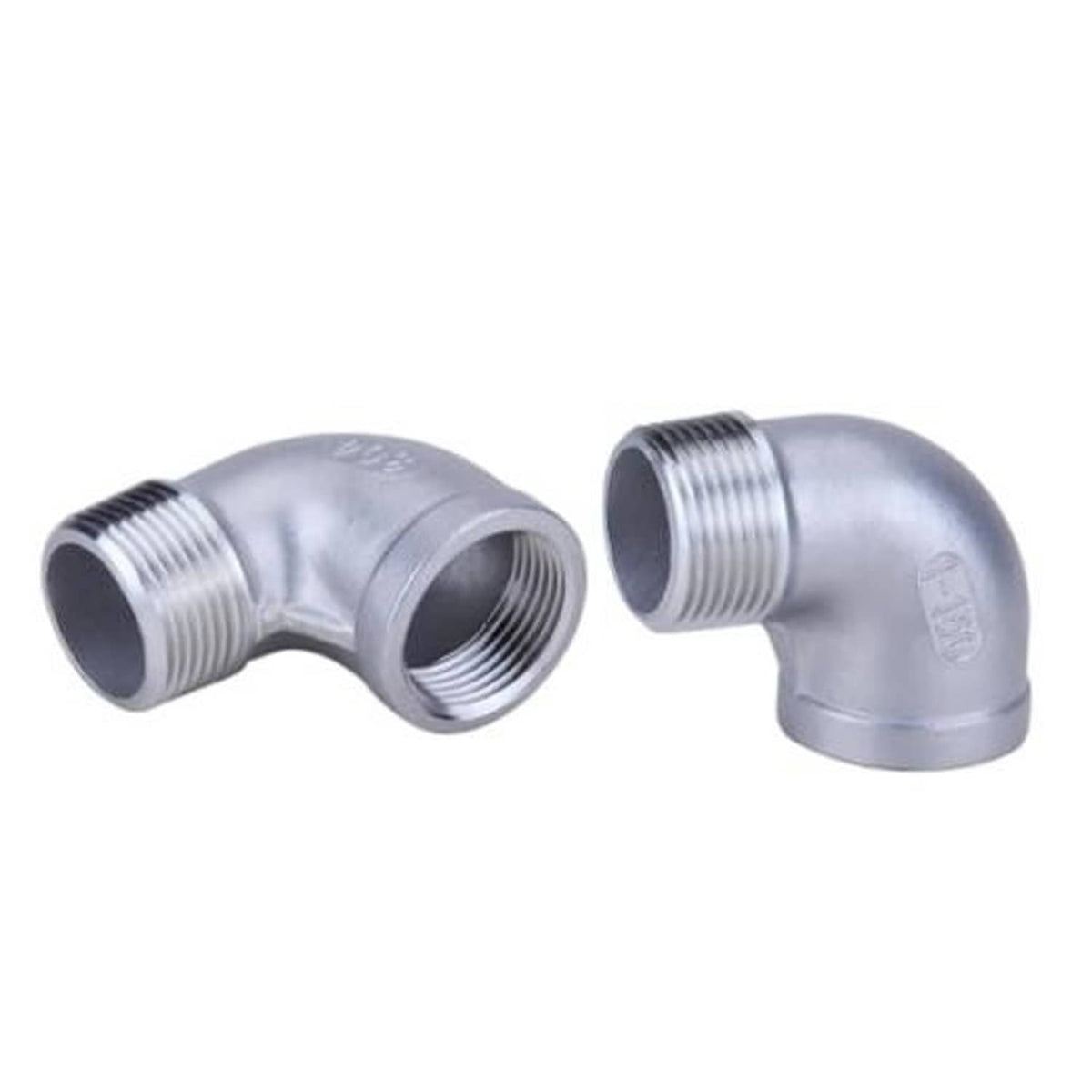 Pair of stainless steel 90° elbow pipe fittings with visible 1 in NPT threads.