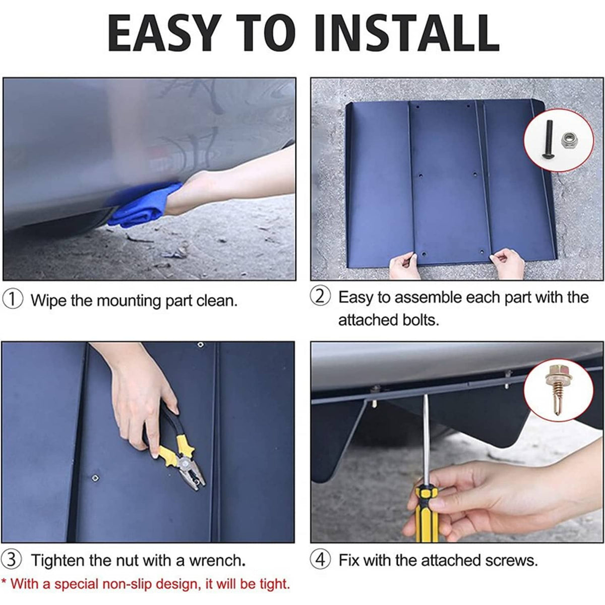 Rear bumper diffuser installation steps: tighten nuts and secure with screws