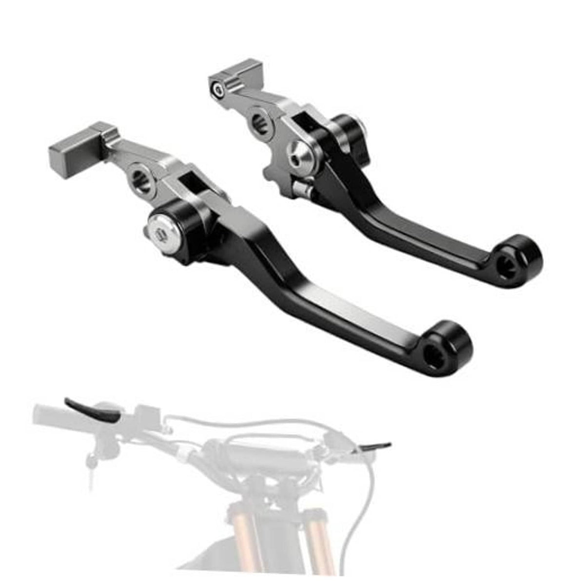 Adjustable silver and black brake and clutch lever set with foldable pivot ends