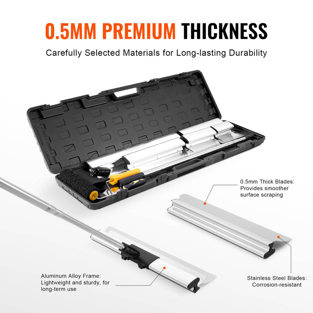 Drywall skimming blade set in open case with stainless blades and roller grip