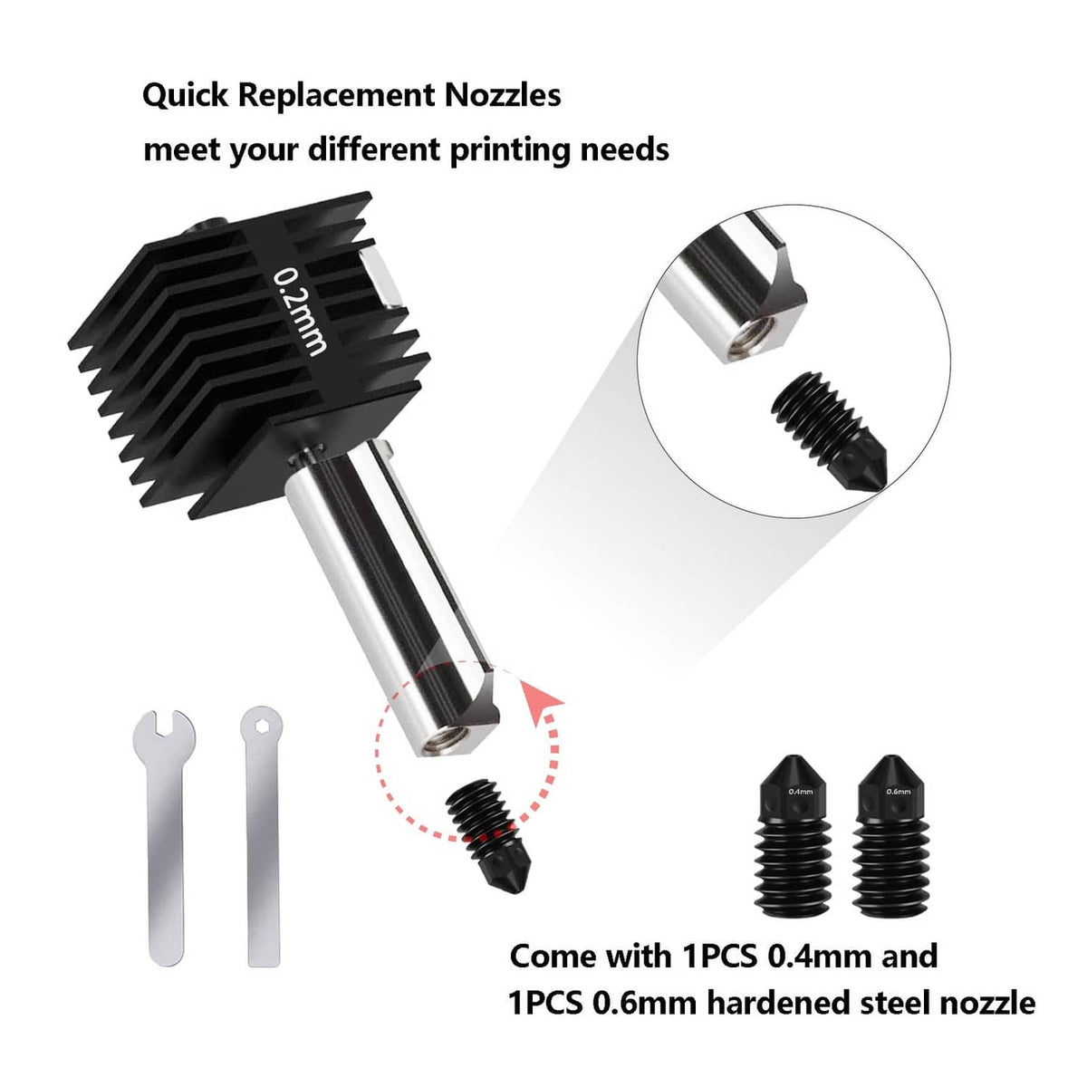 Quick replacement nozzles set with 0.2 mm, 0.4 mm, and 0.6 mm hardened steel tips