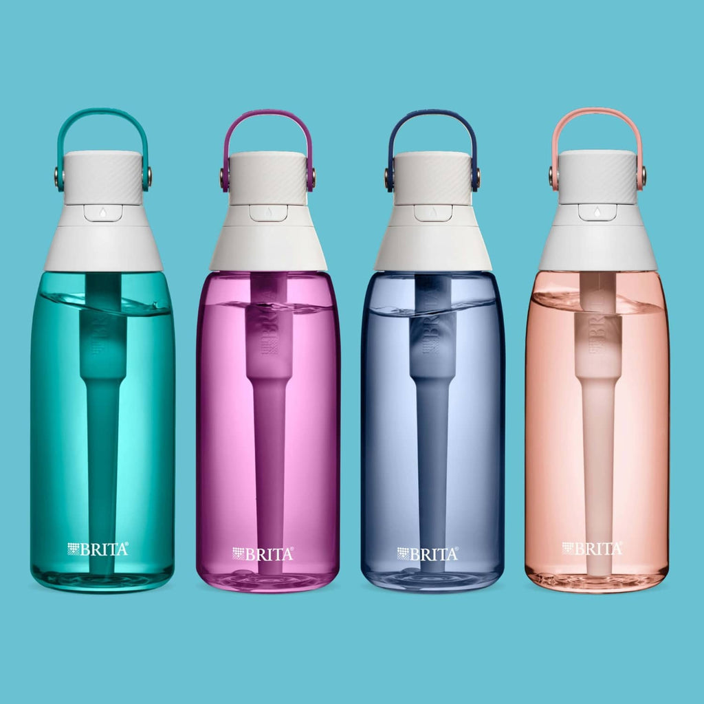 Set of filtering water bottles in multiple colors: teal, orchid purple, blue, and pink