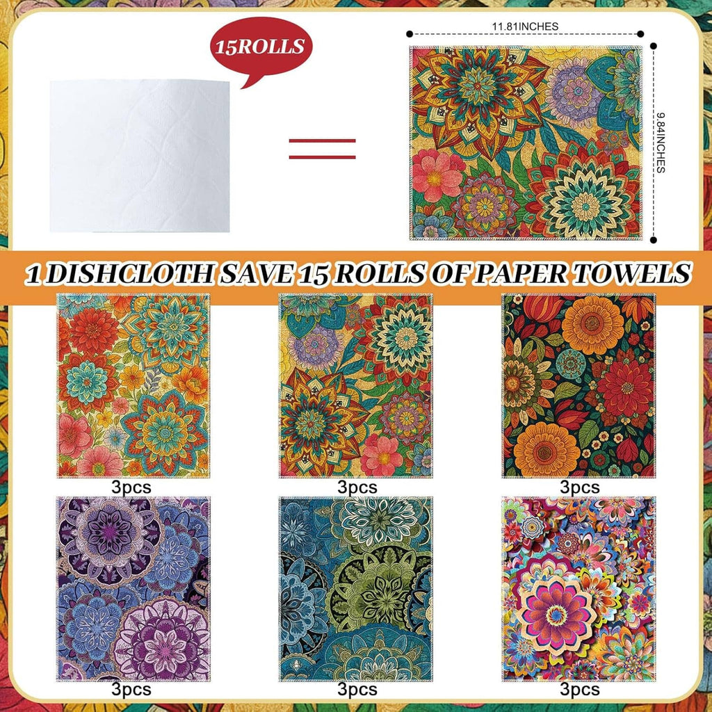 Boxed set of patterned reusable cloth towels, folded squares in multiple floral designs