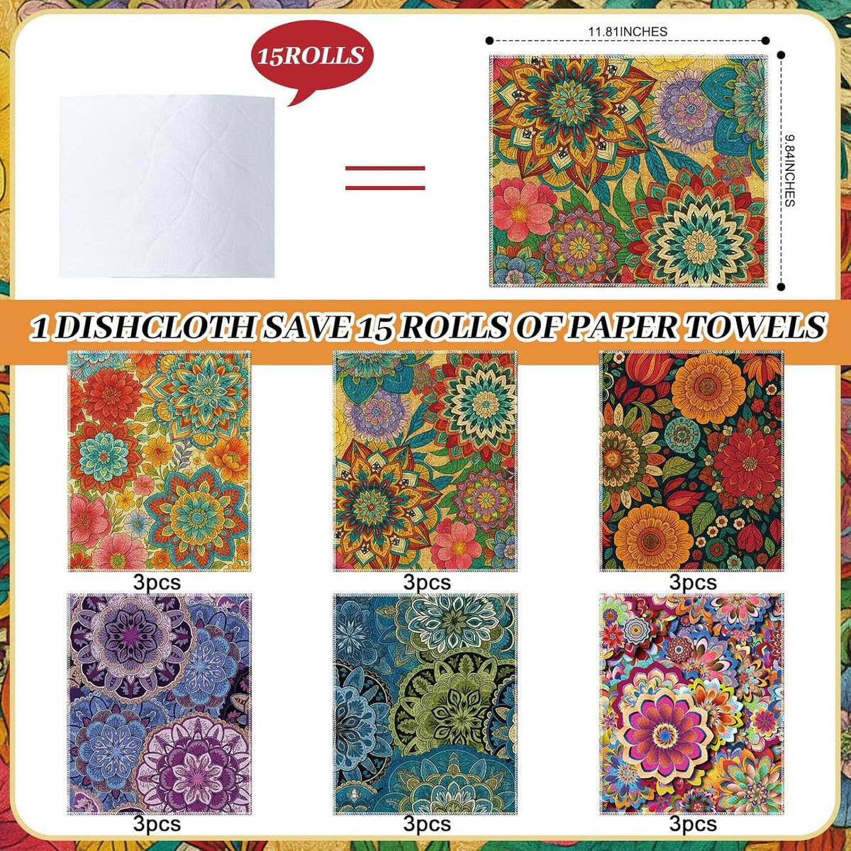 Boxed set of patterned reusable cloth towels, folded squares in multiple floral designs