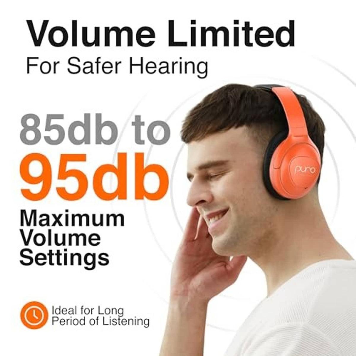 Orange over-ear volume-limited headphones worn on a person