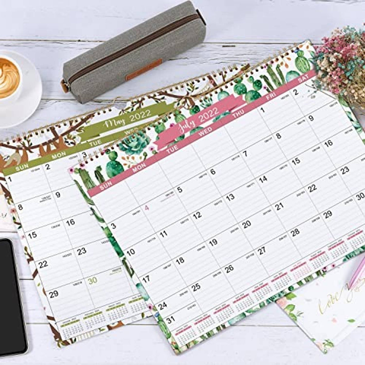 Set of wall calendars with cactus floral covers, May/July pages and gold spiral binding