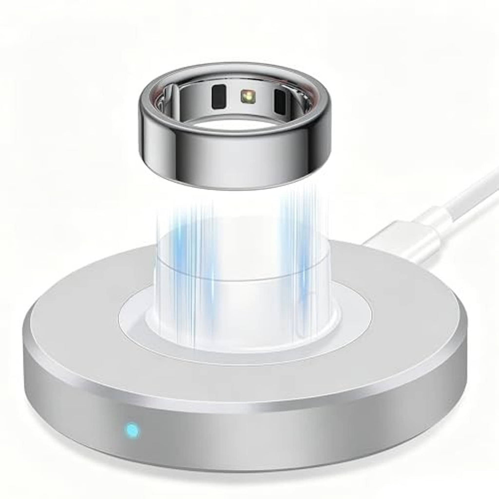 Ring charging dock with blue charging indicator, circular metal base and cradle