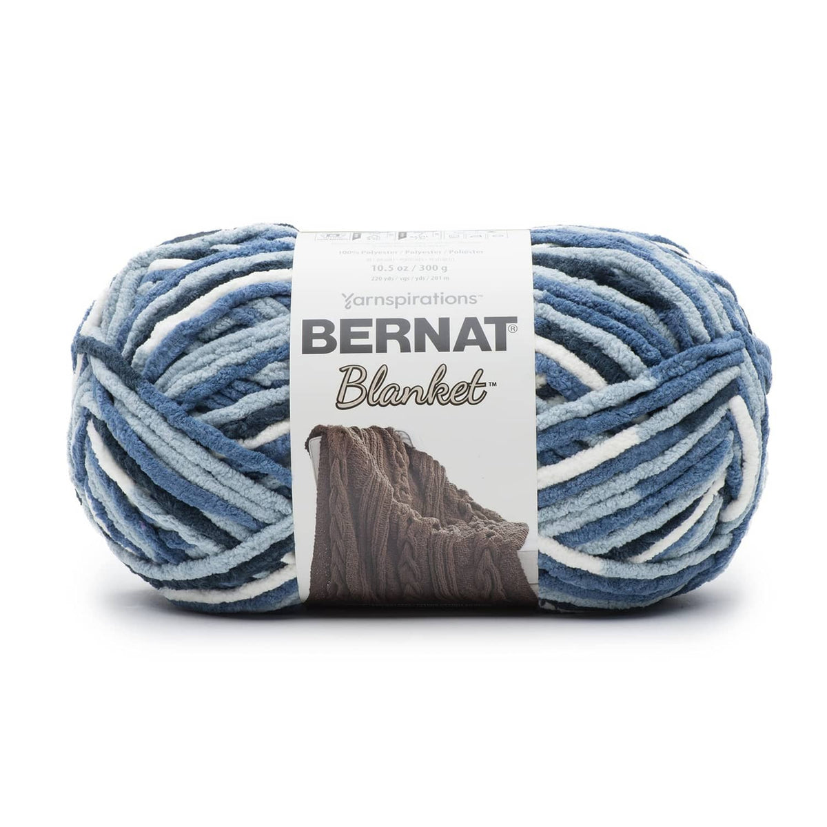 Bernat Blanket yarn skein in blue-and-white stripes, with Bernat label on wrapper