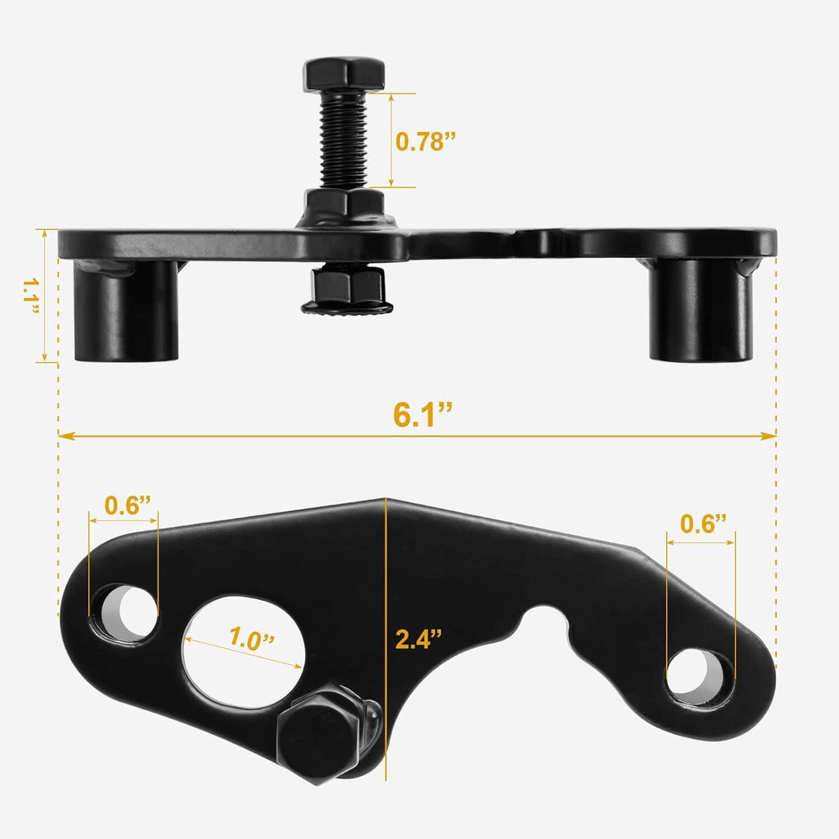 Black exhaust manifold bolt repair bracket with threaded clamp screw and mounting holes