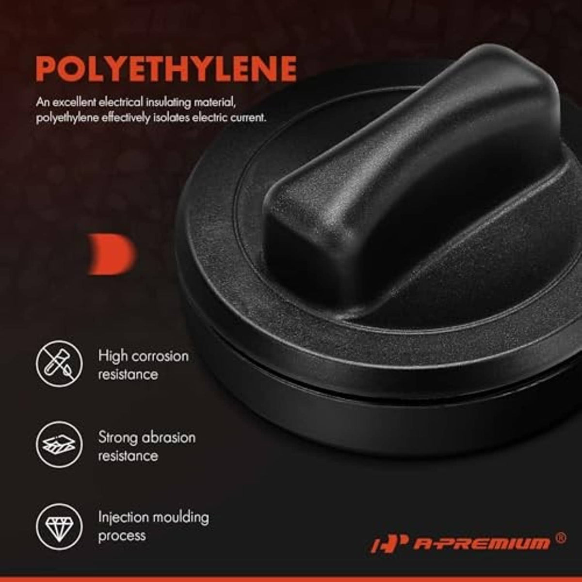 Black fuel tank filler cap with smooth raised handle, close-up