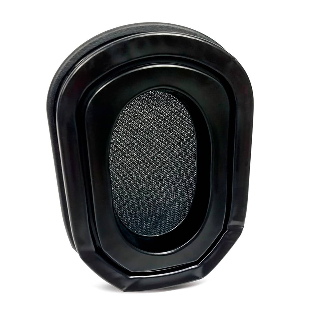 Black oval gel-filled ear pad with gray mesh center and glossy frame