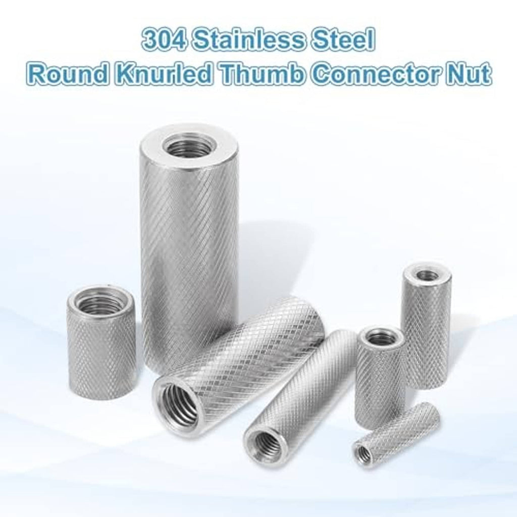 Round knurled connector nuts, cylindrical silver pieces with threaded bores