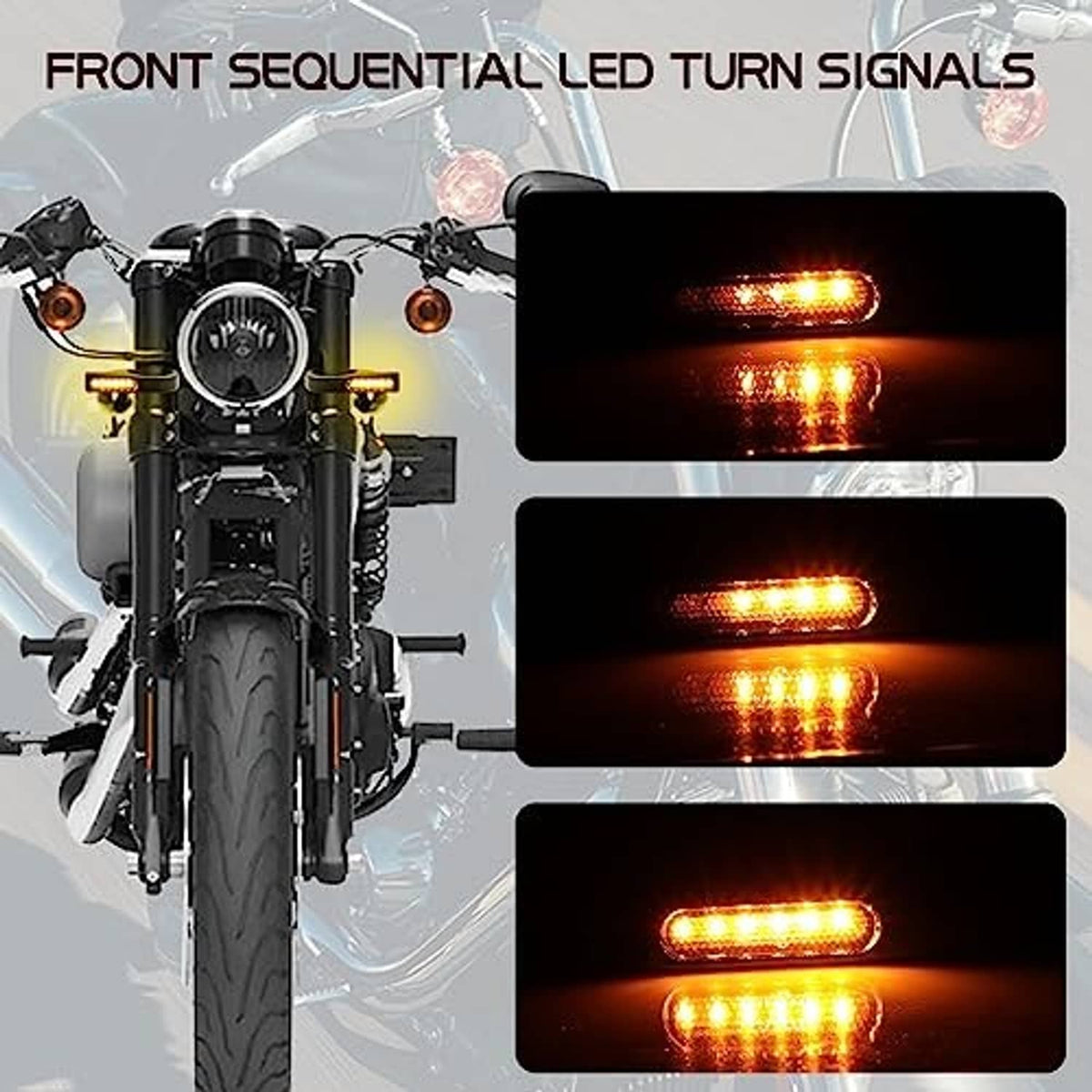 Front sequential LED turn signal lights on motorcycle, amber glow shown