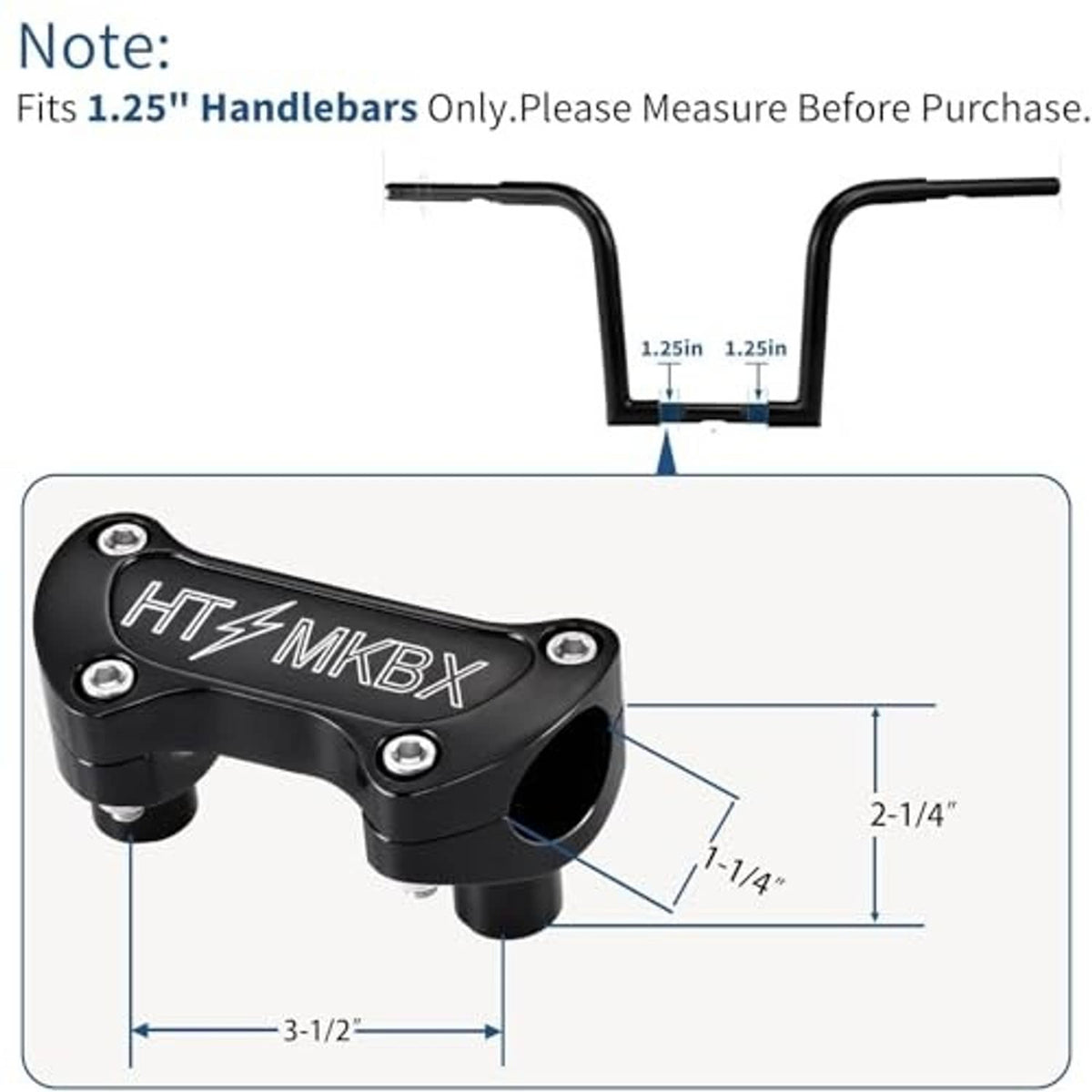 Black 1.25-inch handlebar top clamp with diagram showing fit and dimensions