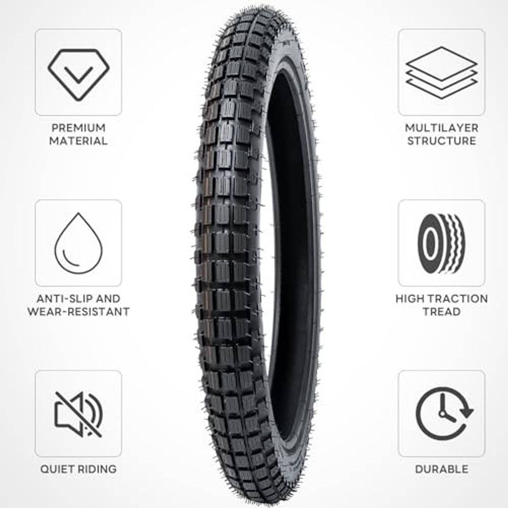 Dirt bike tire with aggressive tread pattern and visible sidewall