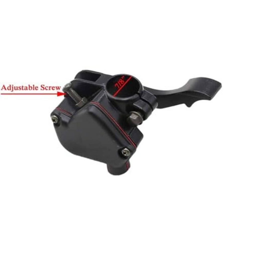 Black thumb throttle lever housing with red mark and visible adjustment screw